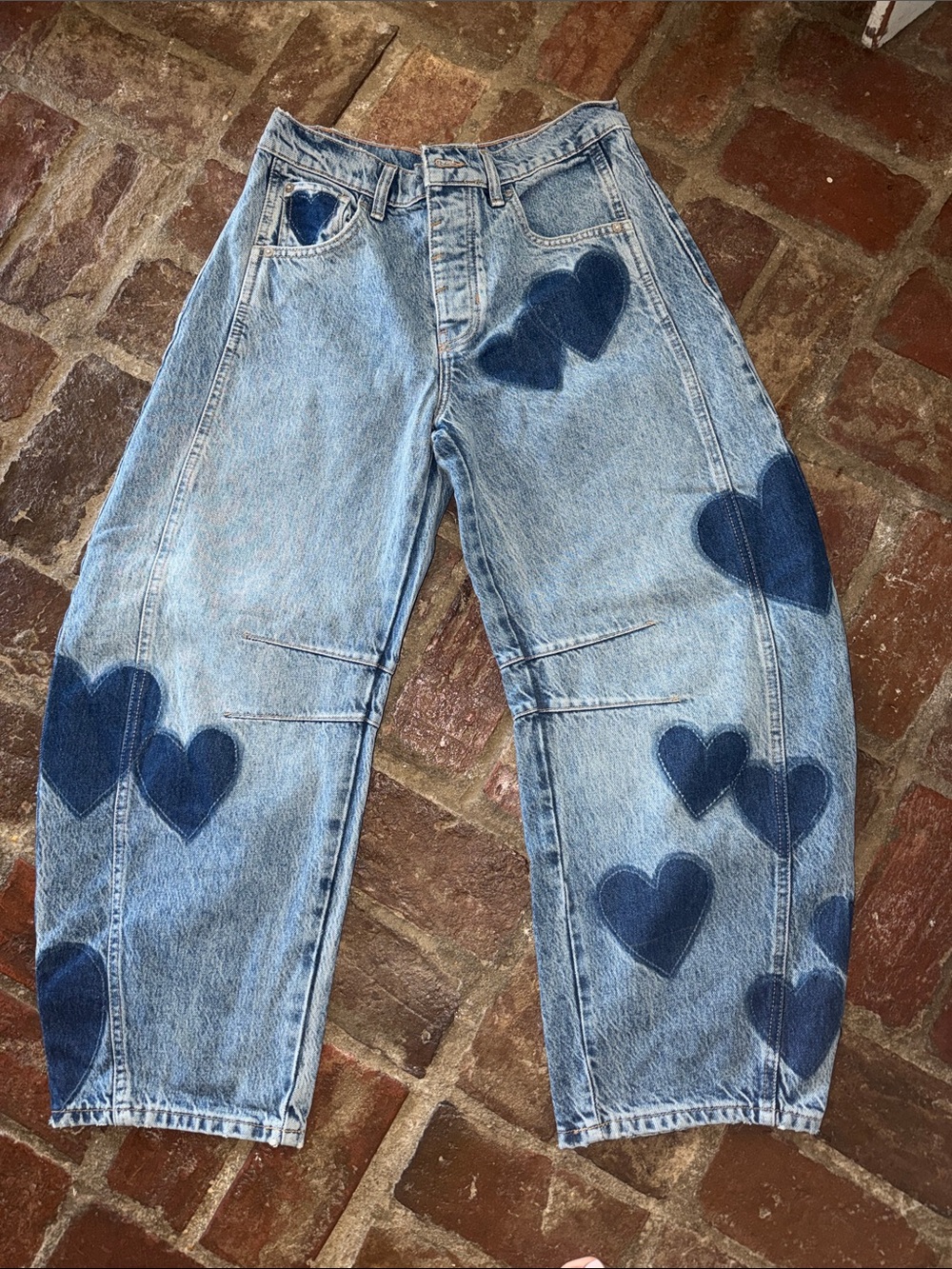 We The Free Light Blue Wide-Leg Jeans with Dark Blue Heart Patches - Picture 5 of 13